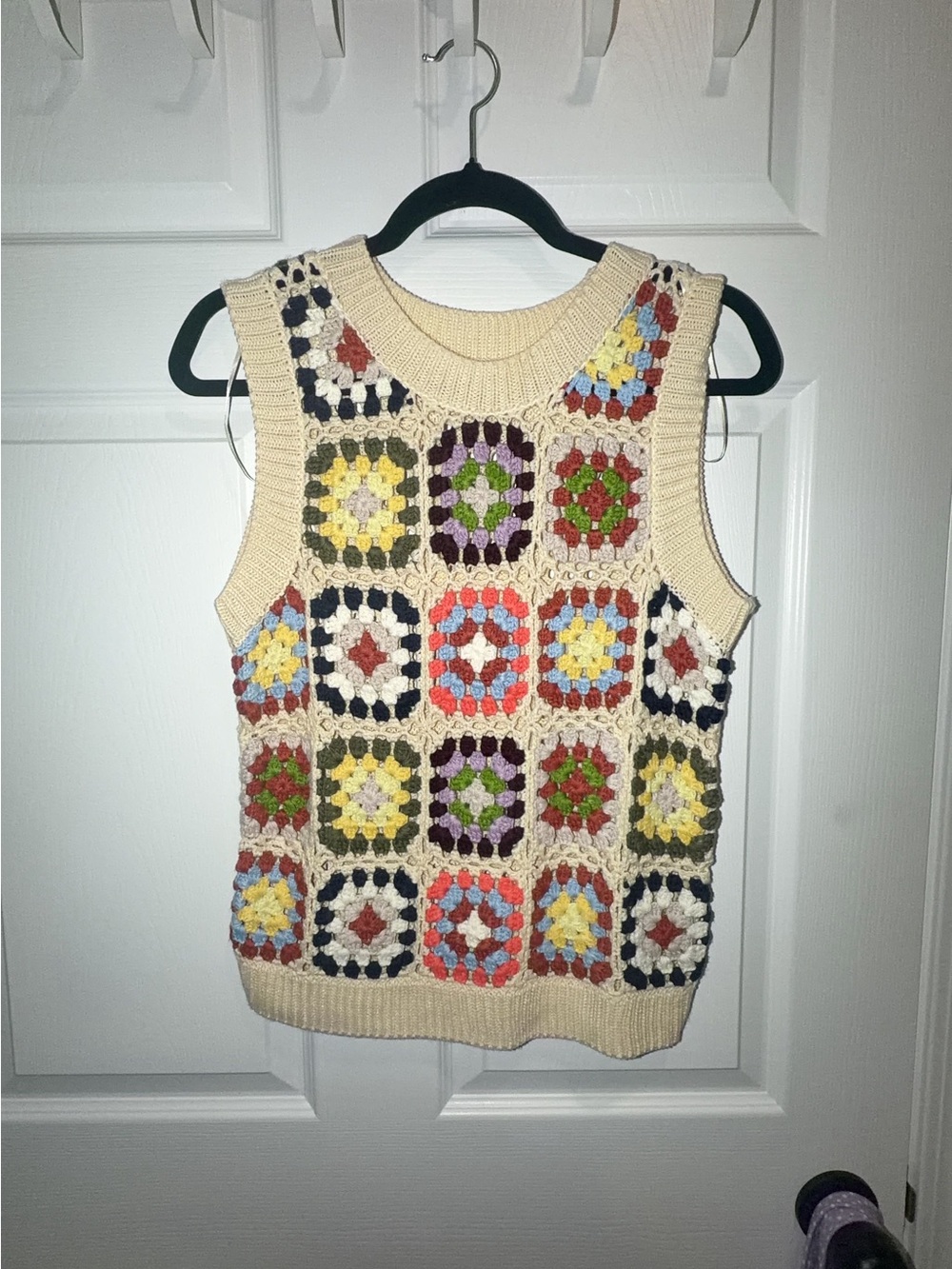 Buckle Cream Crochet Square Tank Top with Multicolor Accents